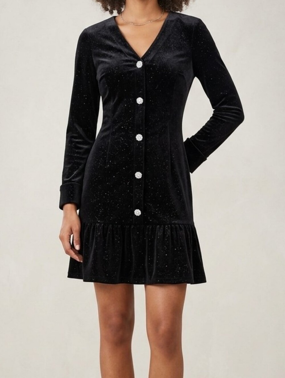 Women's Black Velvet Sparkle Button-Front Dress